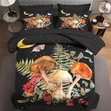 Imagem de WeCozy Jogo de edredom queen com 7 peças, 2 fronhas e 2 fronhas, lua de cogumelo vintage para crianças e adultos, cama de samambaia com folhas de borboleta em um saco com lençol de cima