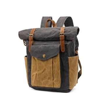 Imagem de Mochila de couro de lona vintage para homens mochila escolar de grande capacidade mochila de viagem para laptops masculinos(Dark Gray)