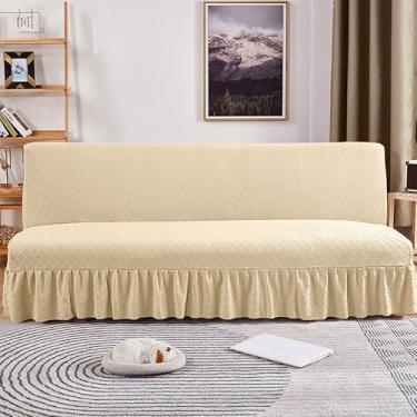 Imagem de Capa de futon sem braços com saia de babados, sofá-cama futon altamente elástica(Beige,Small (120-150cm))