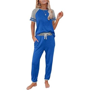 Imagem de PRETTYGARDEN Conjunto feminino de verão com duas peças, pulôver listrado de manga curta e calça comprida, conjunto de pijama de viagem, Z - cinza e azul, X-Large