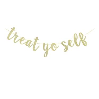 Imagem de SNFHWL Banner Treat Yo Self Party, placa dourada com glitter para festa de noivado, suprimentos de festa de aniversário, sorvete/sobremesa/pipoca/adereços de decoração de mesa de doces