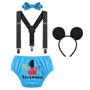 Imagem de 1/2 / Roupa de primeiro aniversário para bebês meninos Cake Smash Mouse Wild One Party Conjunto de roupas de festa com capa de fralda, suspensórios, gravata borboleta, 06 - Azul, 12-18 Months