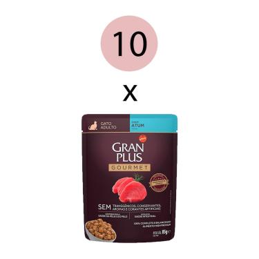 Imagem de Kit 10 Ração Úmida Gran Plus Gourmet Gatos Adultos Atum Sachê 85g