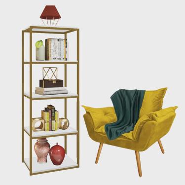 Imagem de Kit Poltrona Fatte com Manta Soft Verde e Estante Livreiro Ferro Dourado mdf Branco Suede Amarelo - Ahazzo Móveis