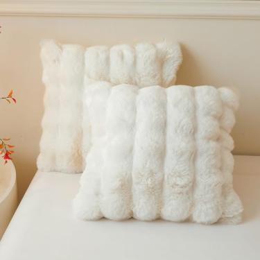 Imagem de LIFEREVO Pacote com 2 capas de almofada fofas de pele de coelho sintética, luxuosa, felpuda, 45,7 x 45,7 cm, capas de almofada de waffle com bolhas, fecho de zíper, fronhas decorativas de marfim