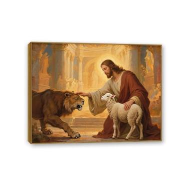 Imagem de Arte de parede em tela Jesus e Cordeiro, Leão de Judá, Cordeiro Jesus, Pôster Rei Leão Cristão Impressão Pintura Religiosa Arte Igreja Decoração de Parede Imagens 80 x 60 cm (32 x 24 polegadas