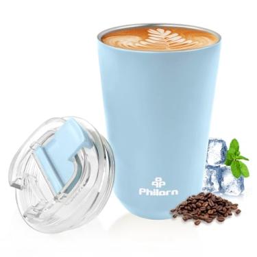 Imagem de PHILORN Caneca de café de viagem copo de 340 g, caneca de café isolada com tampa, garrafa térmica de café para bebidas quentes e frias, copo de café à prova de vazamento com parede dupla (azul claro)