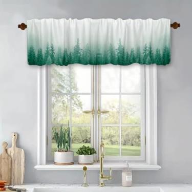 Imagem de Cortinas de saia transparente floresta verde para decoração de cozinha sala de estar natureza floresta silhueta floresta paisagem cortina bolso varão janela painel de cortina curta 137.2 cm x 45.7 cm
