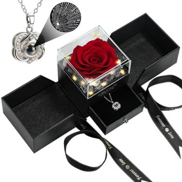 Imagem de woxafo Colar de coração rosa vermelha real preservada com eu te amo em 100 idiomas - Flores eternas rosas presentes de aniversário para mulheres, esposa, mãe, namorada - presente de Natal para Dia das