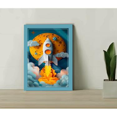 Imagem de Quadro Decorativo Infantil Foguete Espacial + Vidro 33x25