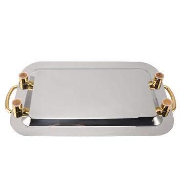 Imagem de Bandeja de servir de aço inoxidável, espelho elegante, finamente polida, alça de transporte dourada, bandeja de servir mesa buffet de hotel (retangular (comprimento 43 cm)