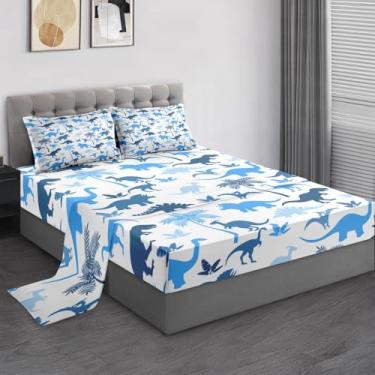 Imagem de Pamnest Jogo de lençol solteiro, dinossauro azul fofo, 3 peças, decoração de quarto de crianças e adultos, lençol com elástico e 2 fronhas
