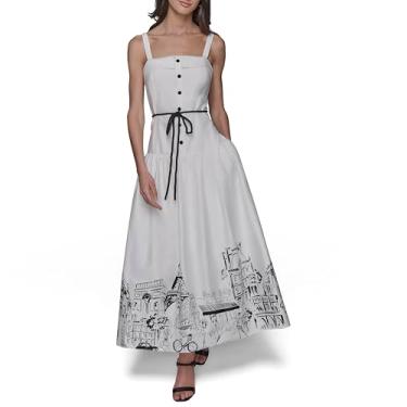 Imagem de Vestido midi de algodão KARL LAGERFELD sem mangas com detalhe de botão, Branco macio e preto, 44