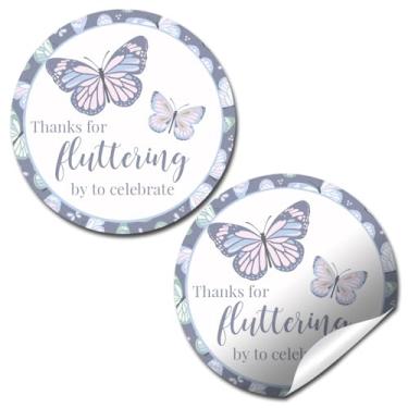 Imagem de Adesivos de chá de bebê Butterfly para meninas - 102 cm redondos Thanks for Fluttering by to Celebrate Labels - Adesivos de lembrancinha de festa de borboleta pastel, selos de envelope e etiquetas de