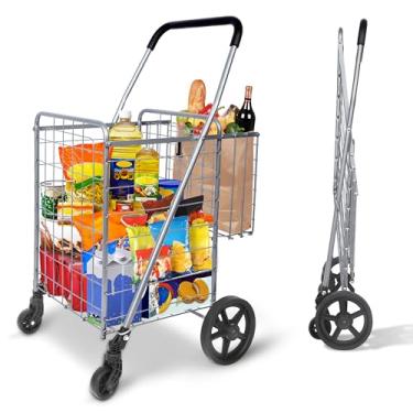 Imagem de Whitmor Carrinho de compras dobrável utilitário, carrinho de compras resistente de 115 L com cesta dupla, rodas giratórias de 360°, carrinho utilitário dobrável, capacidade de 50 kg para compras