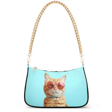 Imagem de Flamingos Beach Aquarela Bolsa feminina Hobo Party Purses Womens Evening Handbag Chain Ladies Shoulder Bag, Gato em óculos de sol azul