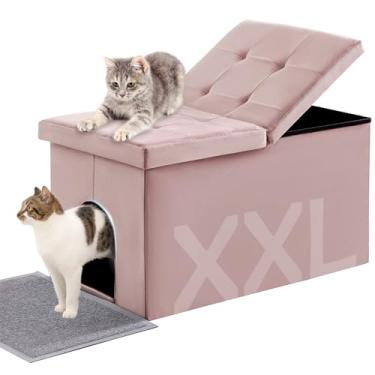 Imagem de MEEXPAWS Caixa de Areia para Gatos Mobiliário Escondido Extra Grande, Design Elevador Tampa Veludo Gato Armário de Armazenamento Banco de Banheiro | 89,9 x 50 x 50 cm | À prova de cães | Interior à