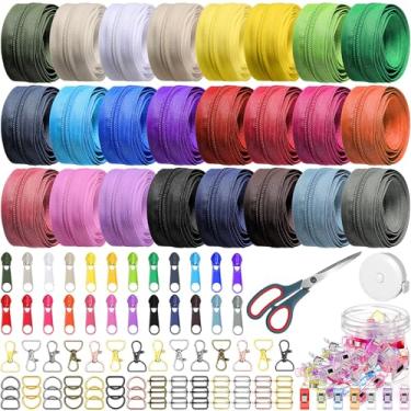 Imagem de Knitgrip 203 peças de suprimentos de costura DIY incluem 24 zíperes coloridos de bobina de nylon nº 5 com 96 cabeças de puxar, 25 clipes de plástico, 56 fechos giratórios, chaveiro, 1 tesoura, régua
