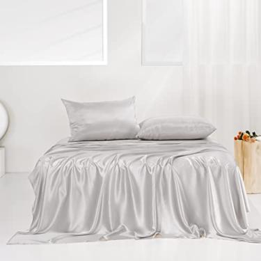 Imagem de PROMEED Jogo de lençol Queen 100% seda de amoreira pura, 4 peças, 23 Momme grau 6A+ com lençol de cima, lençol com elástico e fronhas com zíper (cinza claro, Queen)