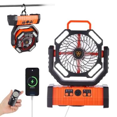 Imagem de Ventilador recarregável, ventilador operado por bateria de acampamento com gancho e luz LED brilhante, temporizador de controle remoto, oscilação automática, sem fio, ao ar livre, para falta de