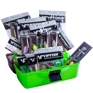 Imagem de Vipfish Caixa de equipamento de pesca com equipamento incluído, iscas, ganchos, pesos, kit de equipamento de pesca de água doce de 3 camadas para robalo truta Walleye, equipamento de pesca, presente