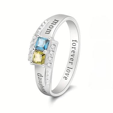 Imagem de Anéis de compromisso personalizados banhados a prata 925 com 2 pedras de nascimento para mulheres, presente banhado a ouro branco, presente de aniversário para o dia das mães, presente de aniversário