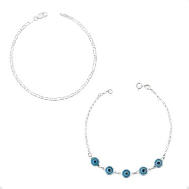 Imagem de Conjunto Pulseira Casal Grumet 3X1 e Olho Grego Proteção em Prata Hipoalergênica