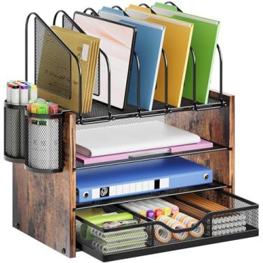 Imagem de Marbrasse Organizador de mesa com gaveta, organizador de arquivos de madeira de 4 camadas com 5 suportes de arquivo verticais e 2 porta-canetas, organizadores de mesa e acessórios para escritório em