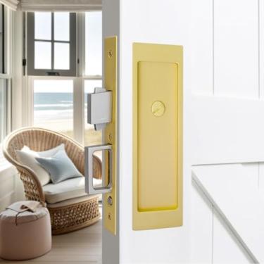 Imagem de Fechadura de porta de bolso de privacidade, fechadura de porta deslizante, alças ocultas, trava com interruptor de salto automático de pressão, liga de zinco (ouro, sem chave)