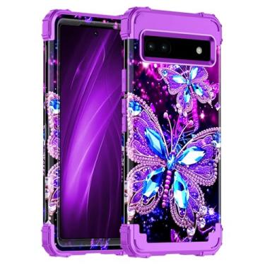 Imagem de Hekodonk Capa protetora 3 em 1 para Google Pixel 6A (2022), resistente à prova de choque, plástico rígido + borracha de silicone, híbrida, 3 em 1, para Google Pixel 6A, borboleta roxa