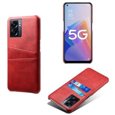 Imagem de Capas Compatível com OPPO A57 5G,Caso de couro PU-Tampa de telefone a prova de choque com 2 slots de cartão,Proteção anti-impressão digital e anti-gota-Red