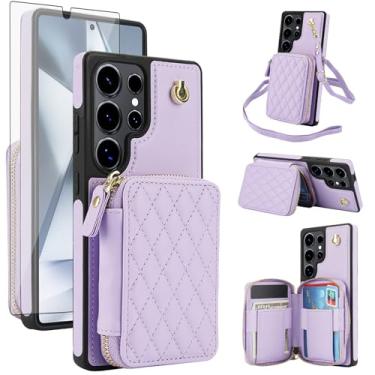 Imagem de Capa de celular para Samsung Galaxy S24 Ultra 5G carteira celular com protetor de tela de vidro temperado alça transversal de pulso com bloqueio de RFID suporte de cartão de crédito S24Ultra 24S S 24