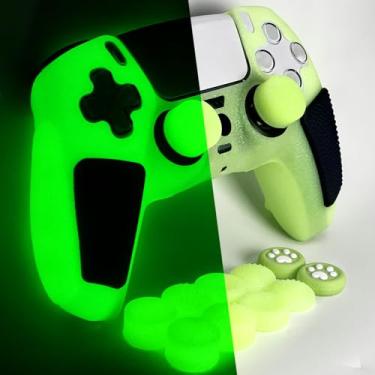 Imagem de HLRAO Capa protetora de silicone antiderrapante com glitter compatível com controle PS5/Slim/Pro, 8 peças de tampas de aperto de polegar com glitter e 2 tampas (verde brilhante)