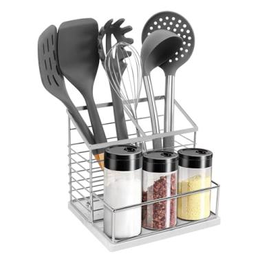 Imagem de Jeasor Suporte de utensílios para balcão de cozinha, suporte de utensílios de metal com sal e pimenteiro para bancada de cozinha, armazenamento de ferramentas de cozinha para espátula, organizador de utensílios grande com base de mármore