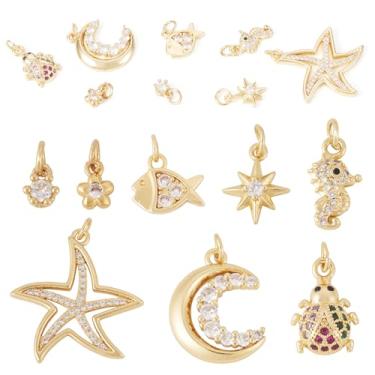 Imagem de Pingentes Pandahall de zircônia cúbica banhada a ouro real 18K com anel de salto flor de metal estrela do peixe estrela do mar joaninha lua pingentes para colar faça você mesmo, brincos, chaveiros