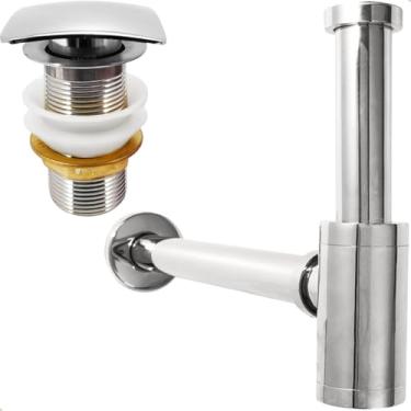 Imagem de Dona D Cor, Sifão Copo Cromado Metal e Valvula Click 1 1/4 Inox Quadrada Brilhosa Kit Banheiro Ralo de Pia 40mm