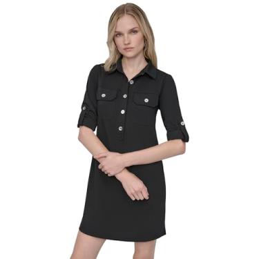 Imagem de DKNY Vestido feminino de manga comprida com gola e botão frontal, Preto, 34