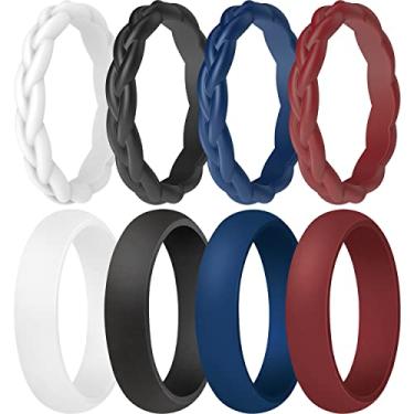 Imagem de ThunderFit Alianças de casamento femininas de silicone, empilháveis, finas trançadas, de borracha de silicone - pacotes com 16, 8 e 4, 7.5 - 8 (18.2mm), Silicone, borracha, Sem pedra preciosa