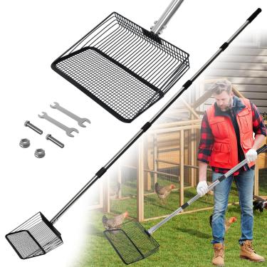 Imagem de Colher para cocô de galinha de metal de 25,4 cm, grande ajustável 5 em 1, alça longa removível, de aço inoxidável, 55,88 cm a 195,5 cm, acessórios resistentes para galinheiros, caixa de areia para