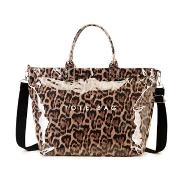 Imagem de GISMTR Bolsa feminina grande de PVC com estampa de letras, bolsa de ombro de papel kraft para trabalho e viagens, Estampa de leopardo marrom