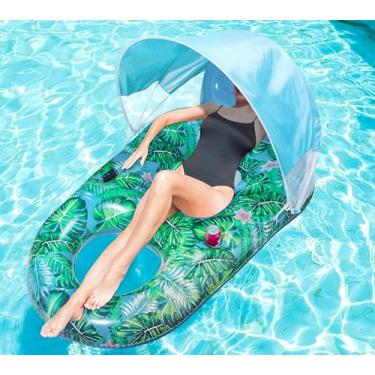 Imagem de FindUWill Boias de piscina com dossel para adultos - Espreguiçadeira grande grande para piscina com suporte de copo, capa de proteção solar removível, boias infláveis para cadeira de piscina com apoio