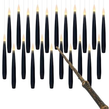 Imagem de KunSwenn Velas flutuantes pretas com varinha, conjunto de 22 velas penduradas com linha de pesca, vela de LED sem chama, funciona a pilhas, decorações flutuantes de Halloween para decoração de casa