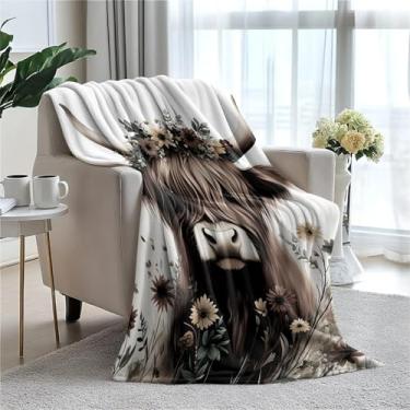 Imagem de Cobertor de lã com estampa floral de vaca 127 x 152 cm para sofá cama, cobertor de flanela de microfibra super macio e aconchegante leve para mulheres, homens e crianças