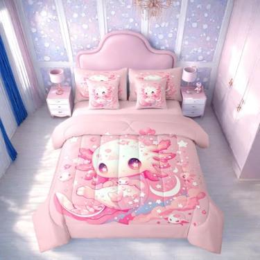 Imagem de Jogo de cama infantil fofo com estampa de axolote rosa, estampa de axolote kawaii, salamandra, galáxia, estrelas, para meninas, meninos, adultos, praia, litoral, animal, 7 peças