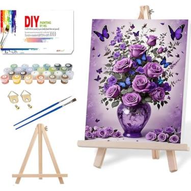 Imagem de VIGEGU Kit de pintura rosa por números para adultos com moldura - Pintura de flores por número com cavalete de madeira DIY Kits de pintura para adultos por números, pacote de caixa de pintura a óleo