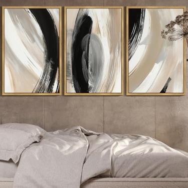 Imagem de KUVIOKE Arte de parede emoldurada abstrata moderna preta neutra minimalista tinta e lavagem grafite pastel decoração de parede para quarto sala de estar 61 x 91 cm (moldura natural)