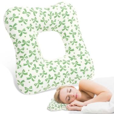 Imagem de Travesseiro de piercing de orelha para pessoas que dormem de lado com orifício de orelha, fibra superfina, algodão, design oco, suporte forte, portátil, para casa, escritório, viagens (verde)