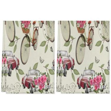 Imagem de Conjunto de 2 toalhas de cozinha reutilizáveis de rosas de bicicleta vintage, panos de prato absorventes de poliéster com laço para pendurar, panos de prato decorativos laváveis para limpeza de
