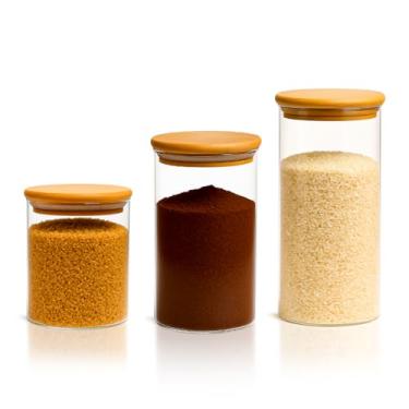 Imagem de kit 3 pote vidro herm�tico tampa bambu redondo cozinha multiuso 450/700/950 Ml mantimentos transaprente rolha