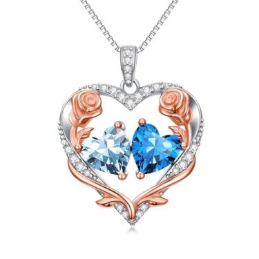 Imagem de Zoeniya Colar de coração rosa para mulheres banhado a ouro branco 18 k 12 meses com pedra do mês de nascimento, presente de aniversário e Natal para sua esposa, namorada, 25mm, base, Zircônia cúbica